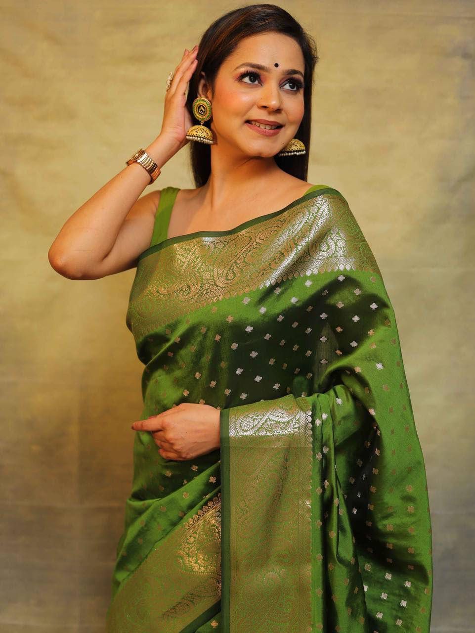 Excellent Mehndi Soft Silk Saree With Inspiring Blouse Piece