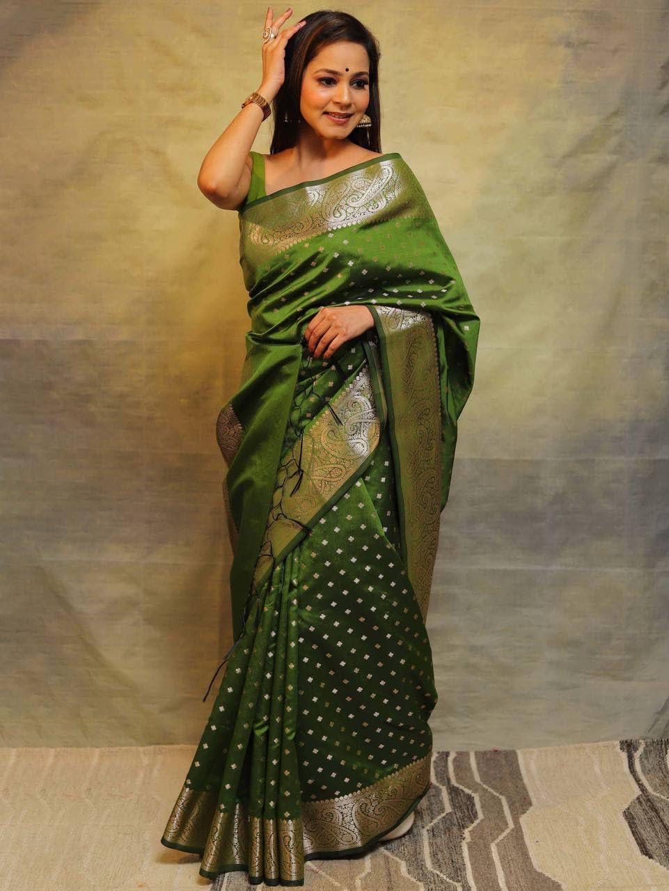 Excellent Mehndi Soft Silk Saree With Inspiring Blouse Piece