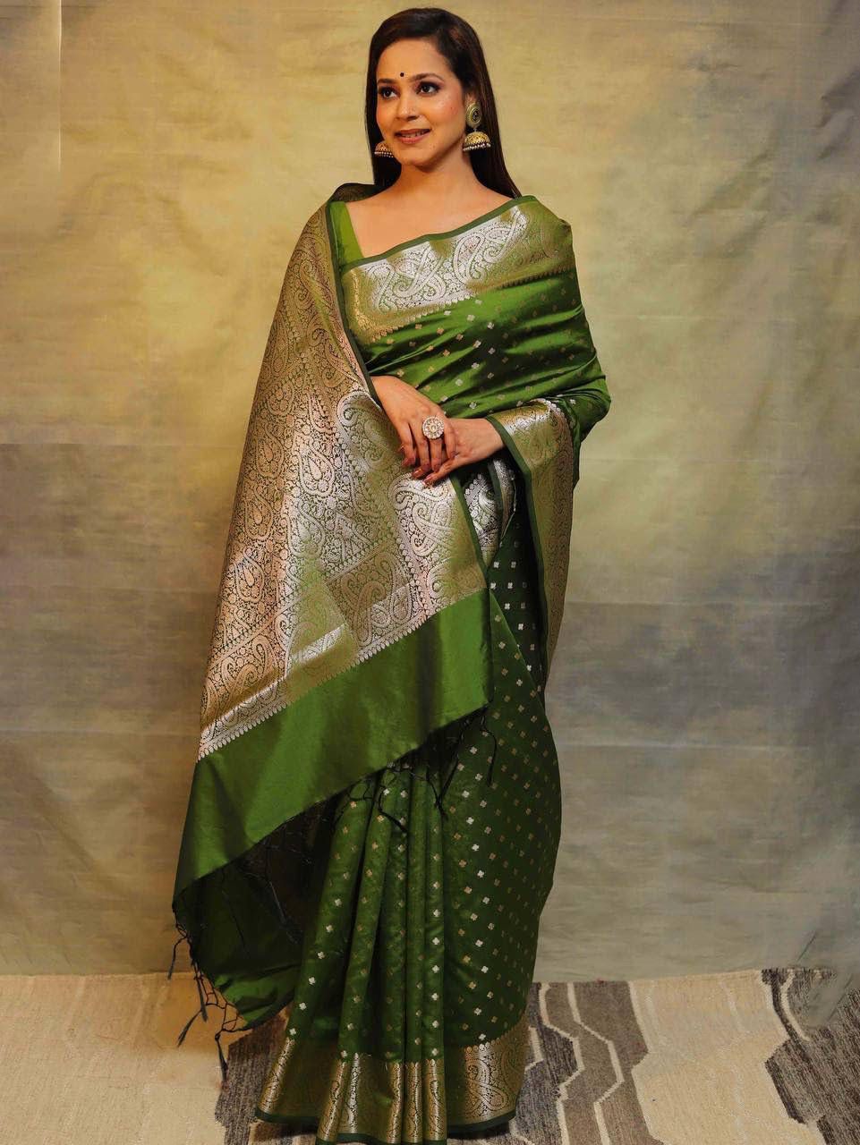 Excellent Mehndi Soft Silk Saree With Inspiring Blouse Piece