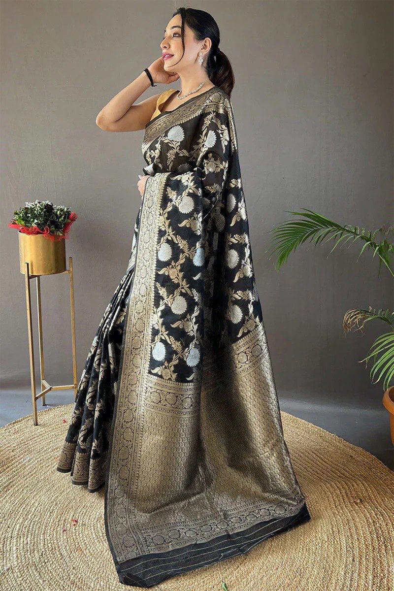 Supernal Black Cotton Silk Saree With Imaginative Blouse Piece