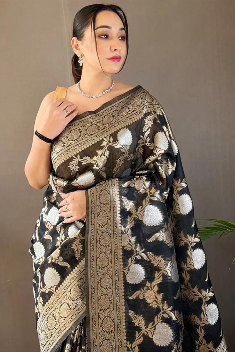 Supernal Black Cotton Silk Saree With Imaginative Blouse Piece