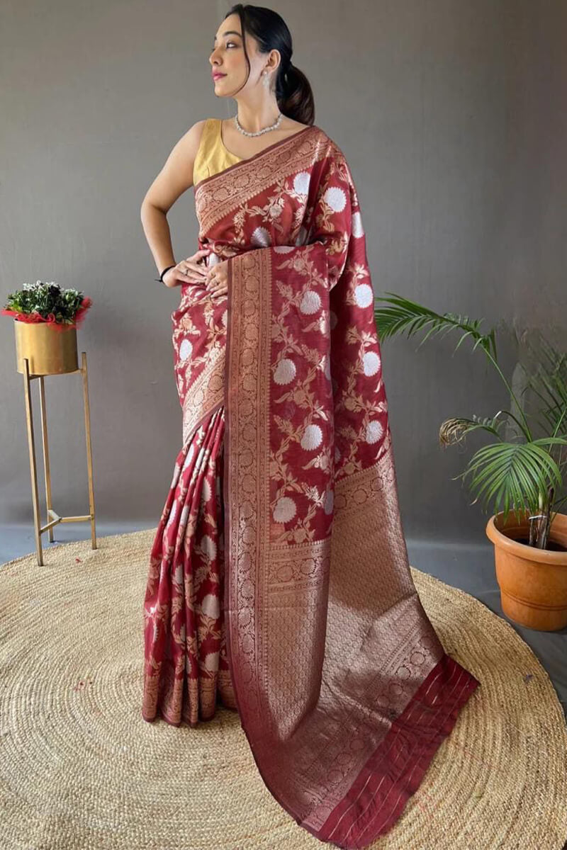 Radiant Maroon Cotton Silk Saree With Quixotic Blouse Piece