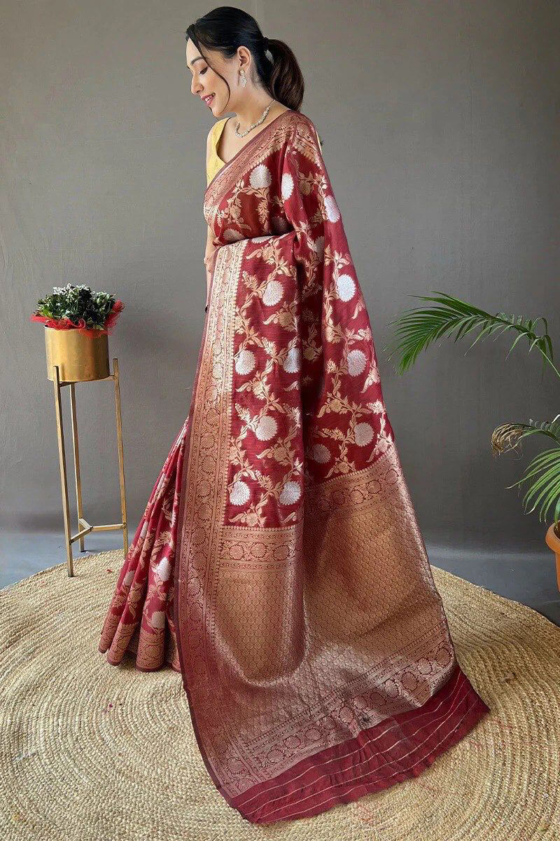 Radiant Maroon Cotton Silk Saree With Quixotic Blouse Piece