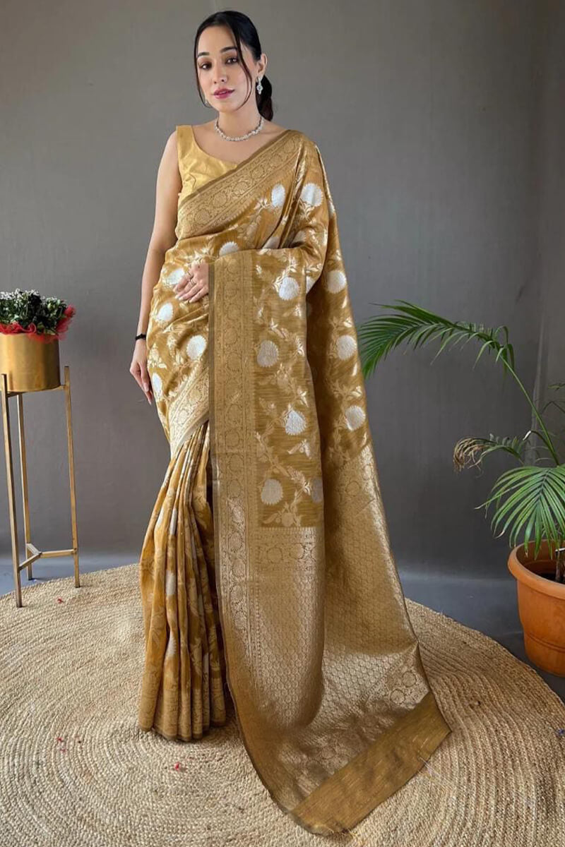 Exquisite Mustard Cotton Silk Saree With Jubilant Blouse Piece