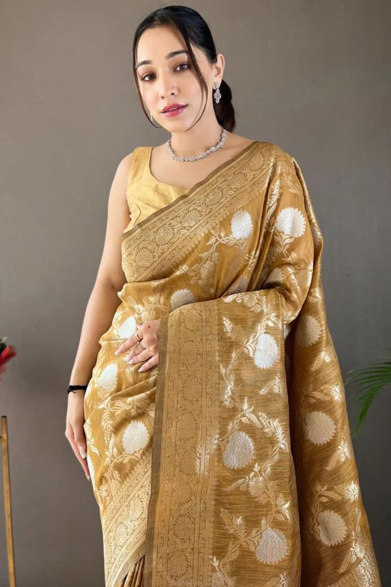 Exquisite Mustard Cotton Silk Saree With Jubilant Blouse Piece