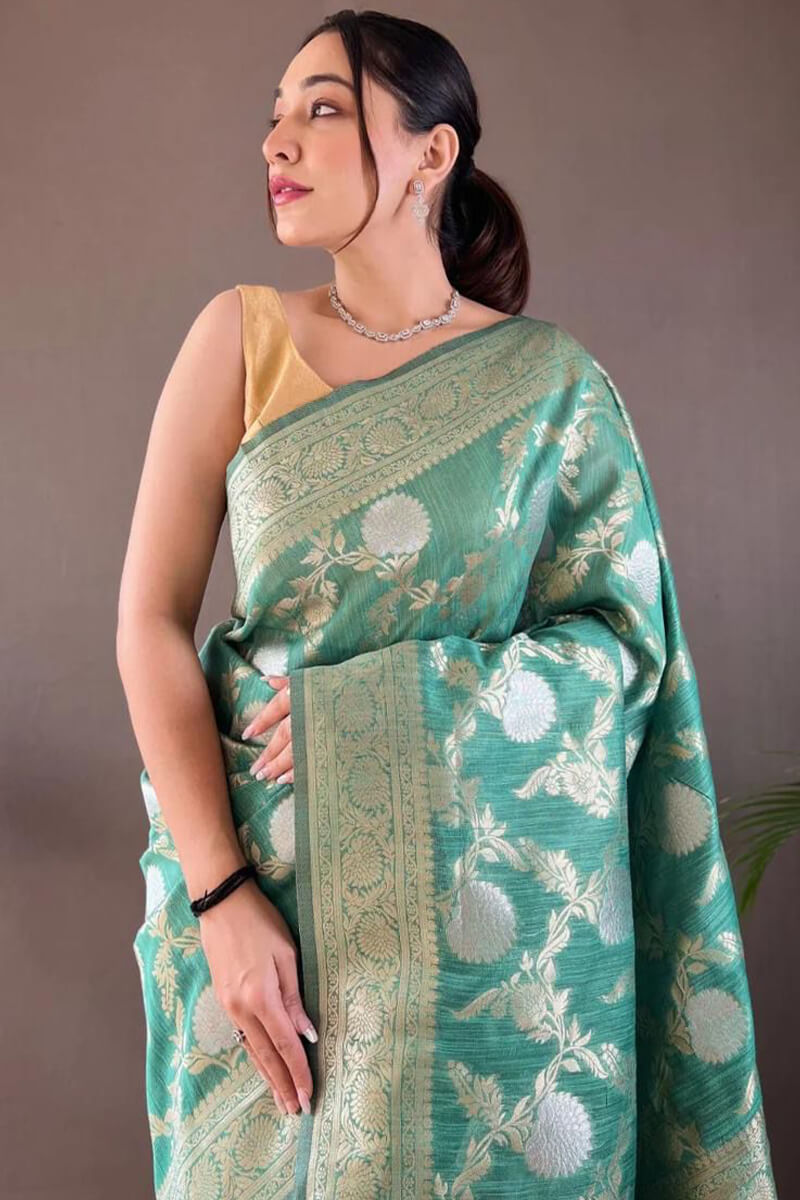 Luxuriant Sea Green Cotton Silk Saree With Exuberant Blouse Piece