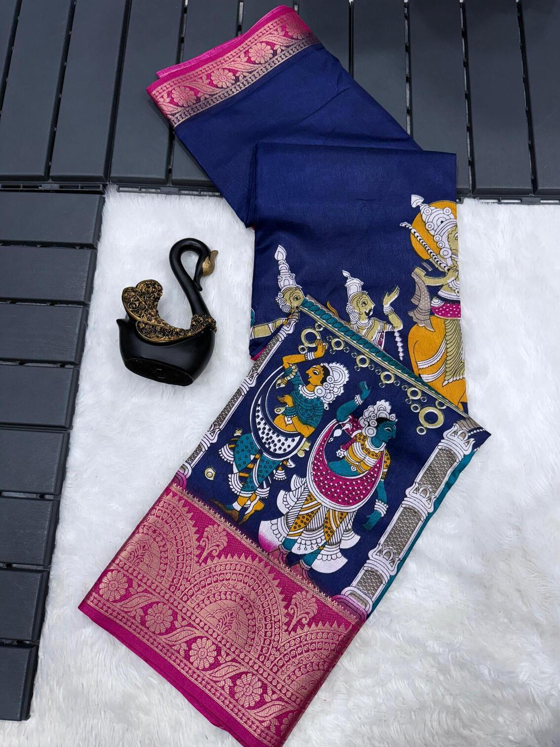 Glowing Navy Blue Digital Printed Dola Silk Saree With Beautiful Blouse Piece