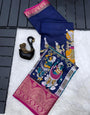 Glowing Navy Blue Digital Printed Dola Silk Saree With Beautiful Blouse Piece