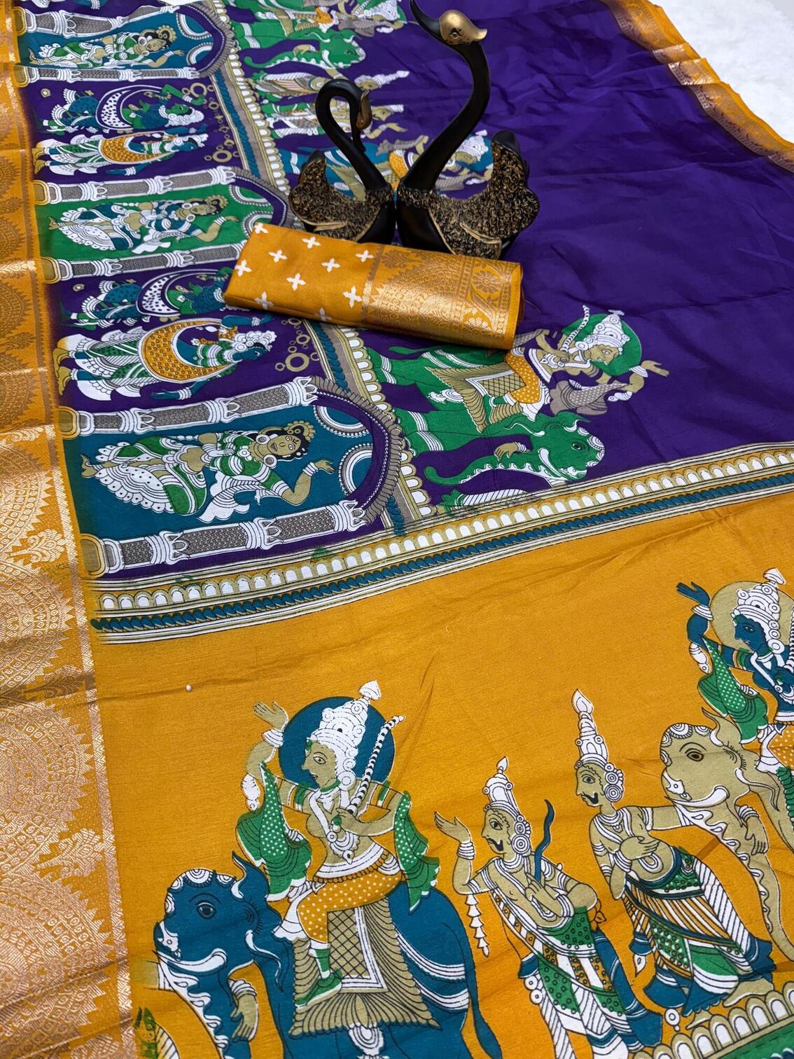 Girlish Royal Blue Digital Printed Dola Silk Saree With Demanding Blouse Piece