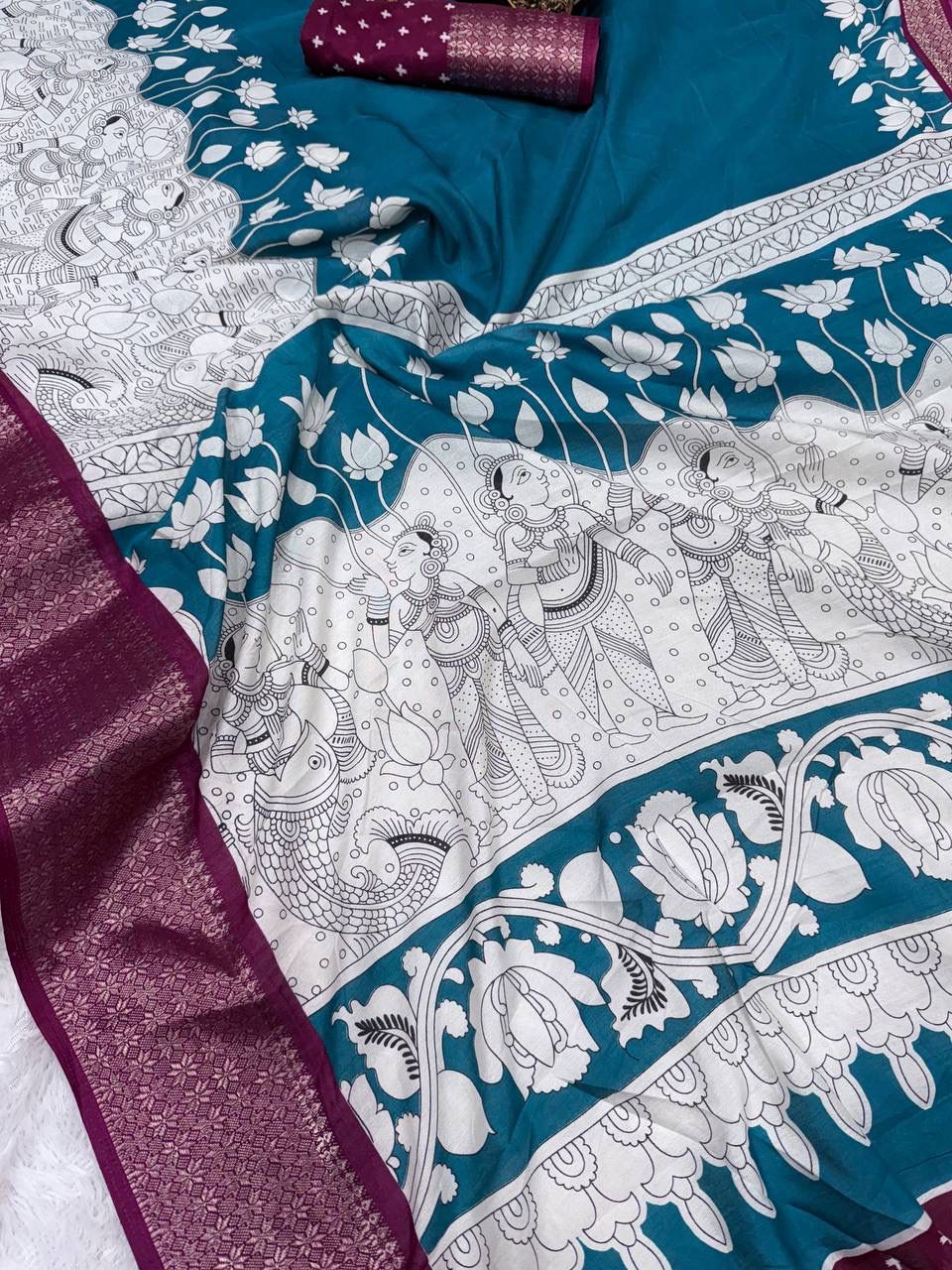 Hypnotic Firozi Digital Printed Dola Silk Saree With Opulent Blouse Piece