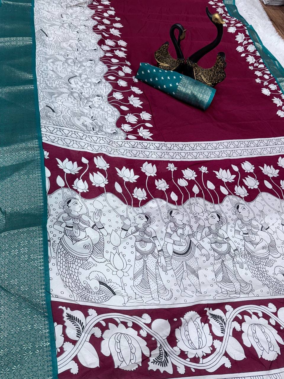 Prominent Maroon Digital Printed Dola Silk Saree With Blissful Blouse Piece