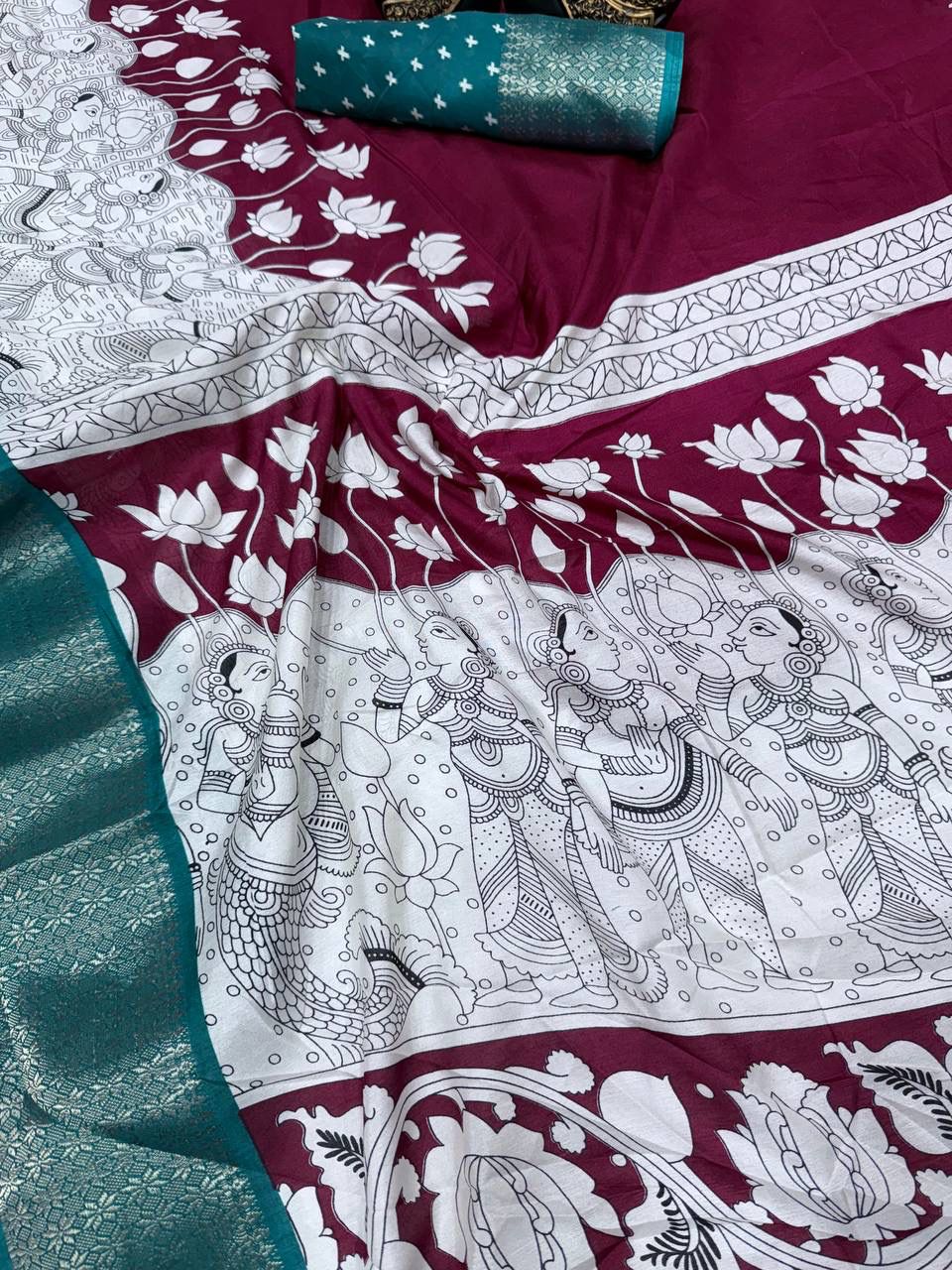 Prominent Maroon Digital Printed Dola Silk Saree With Blissful Blouse Piece