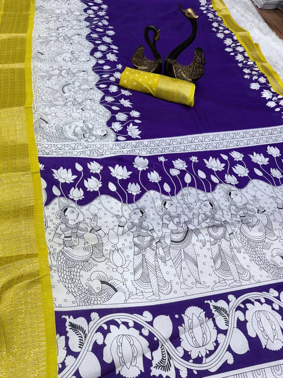 Excellent Royal Blue Digital Printed Dola Silk Saree With Assemblage Blouse Piece