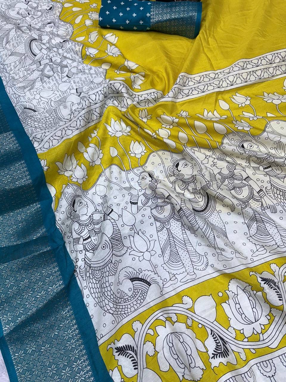 Traditional Yellow Digital Printed Dola Silk Saree With Angelic Blouse Piece