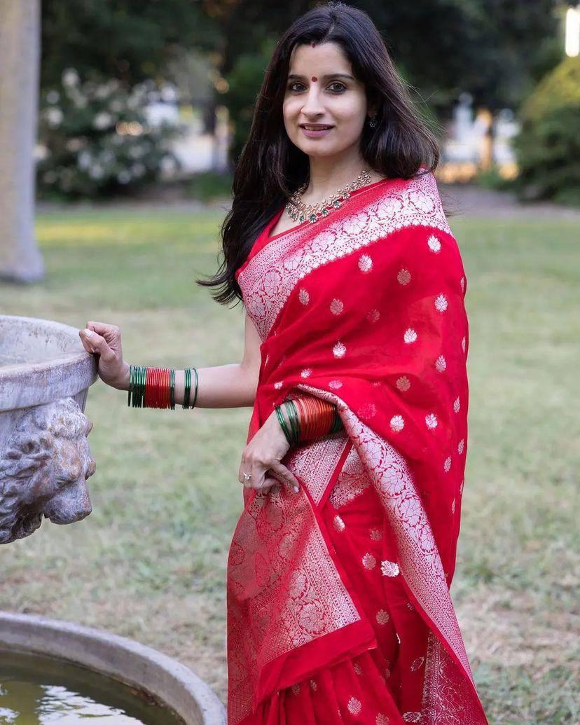 Conflate Red Cotton Silk Saree With Dalliance Blouse Piece