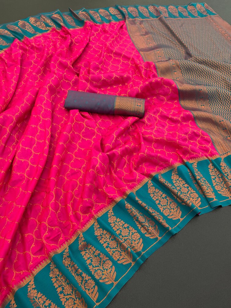 Fairytale Dark Pink Soft Banarasi Silk Saree With Admirable Blouse Piece