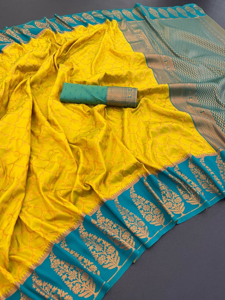 Enticing Mustard Soft Banarasi Silk Saree With Bucolic Blouse Piece