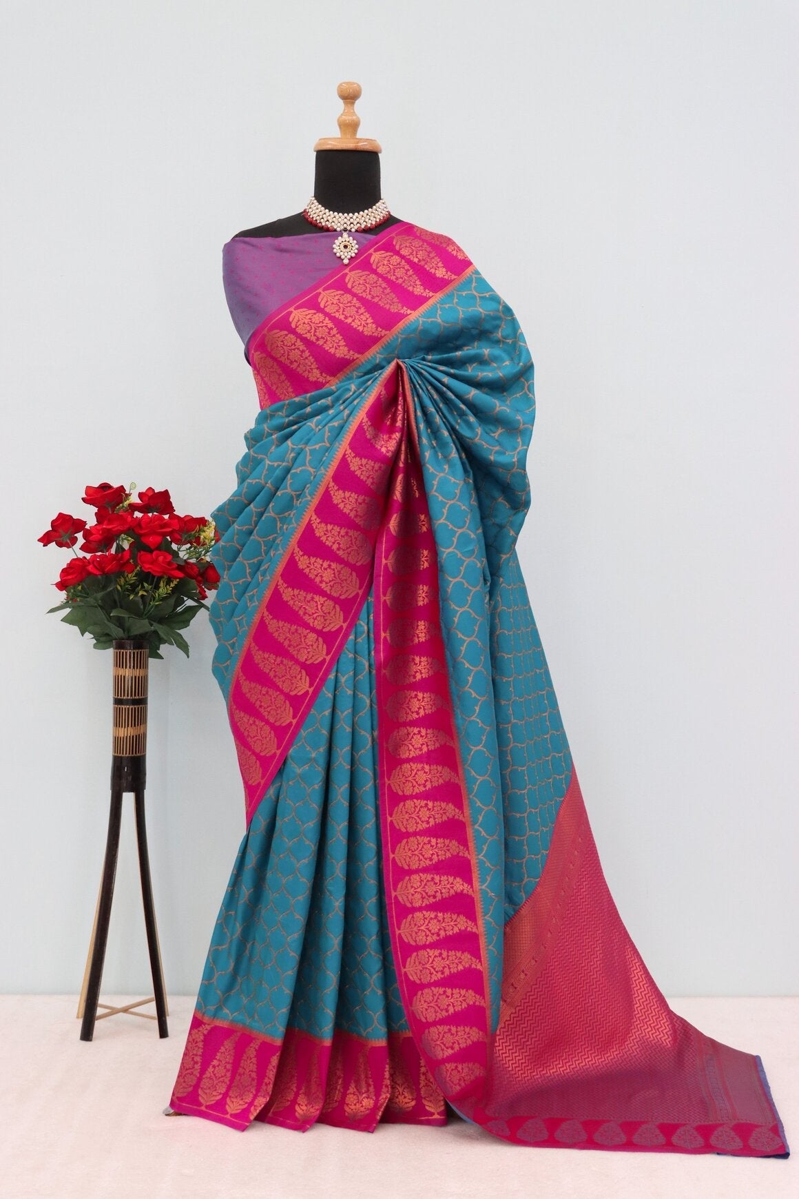 Eloquence Rama Soft Banarasi Silk Saree With Petrichor Blouse Piece