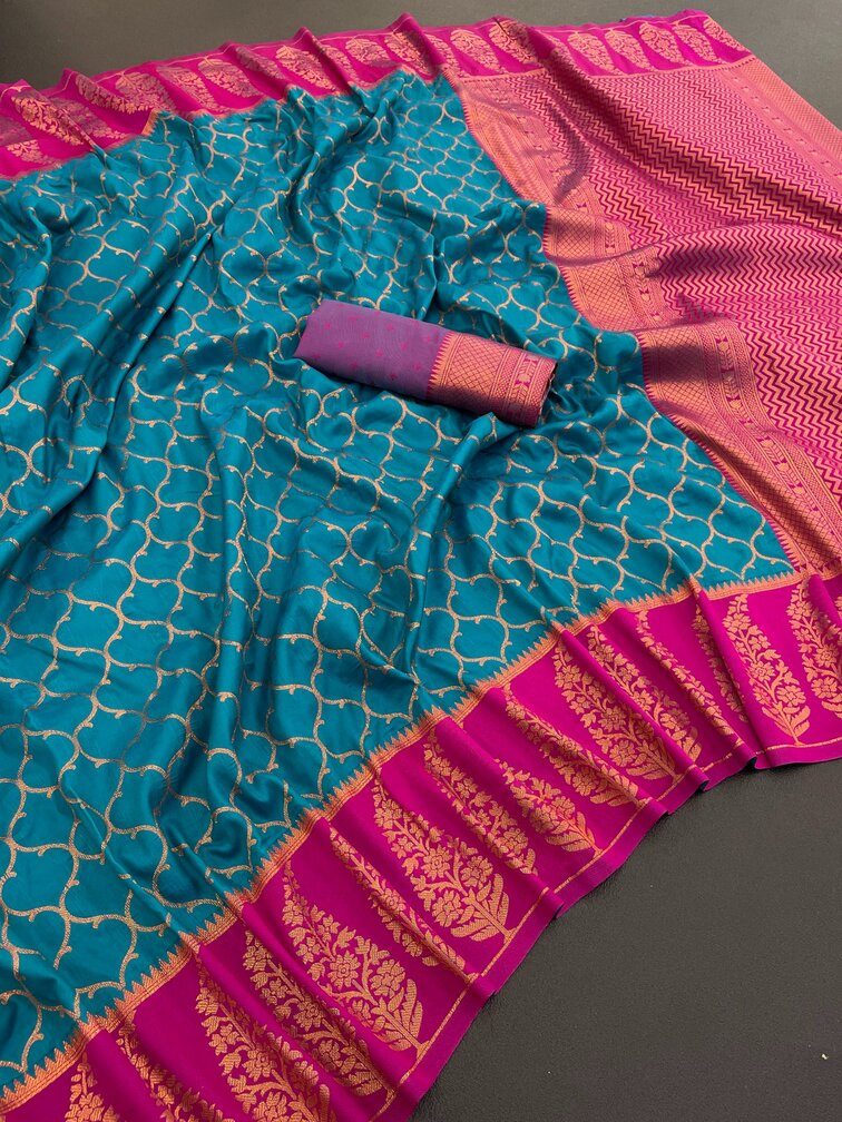 Eloquence Rama Soft Banarasi Silk Saree With Petrichor Blouse Piece