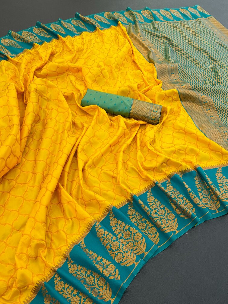 Inspiring Yellow Soft Banarasi Silk Saree With Angelic Blouse Piece