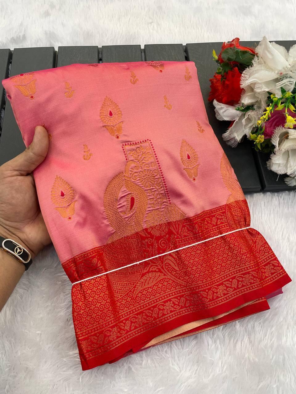 Demesne Baby Pink Soft Banarasi Silk Saree With Elision Blouse Piece