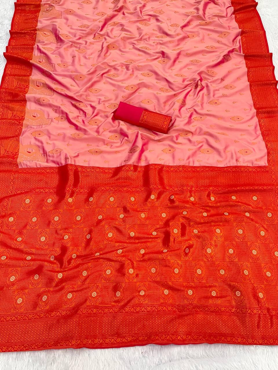 Demesne Baby Pink Soft Banarasi Silk Saree With Elision Blouse Piece