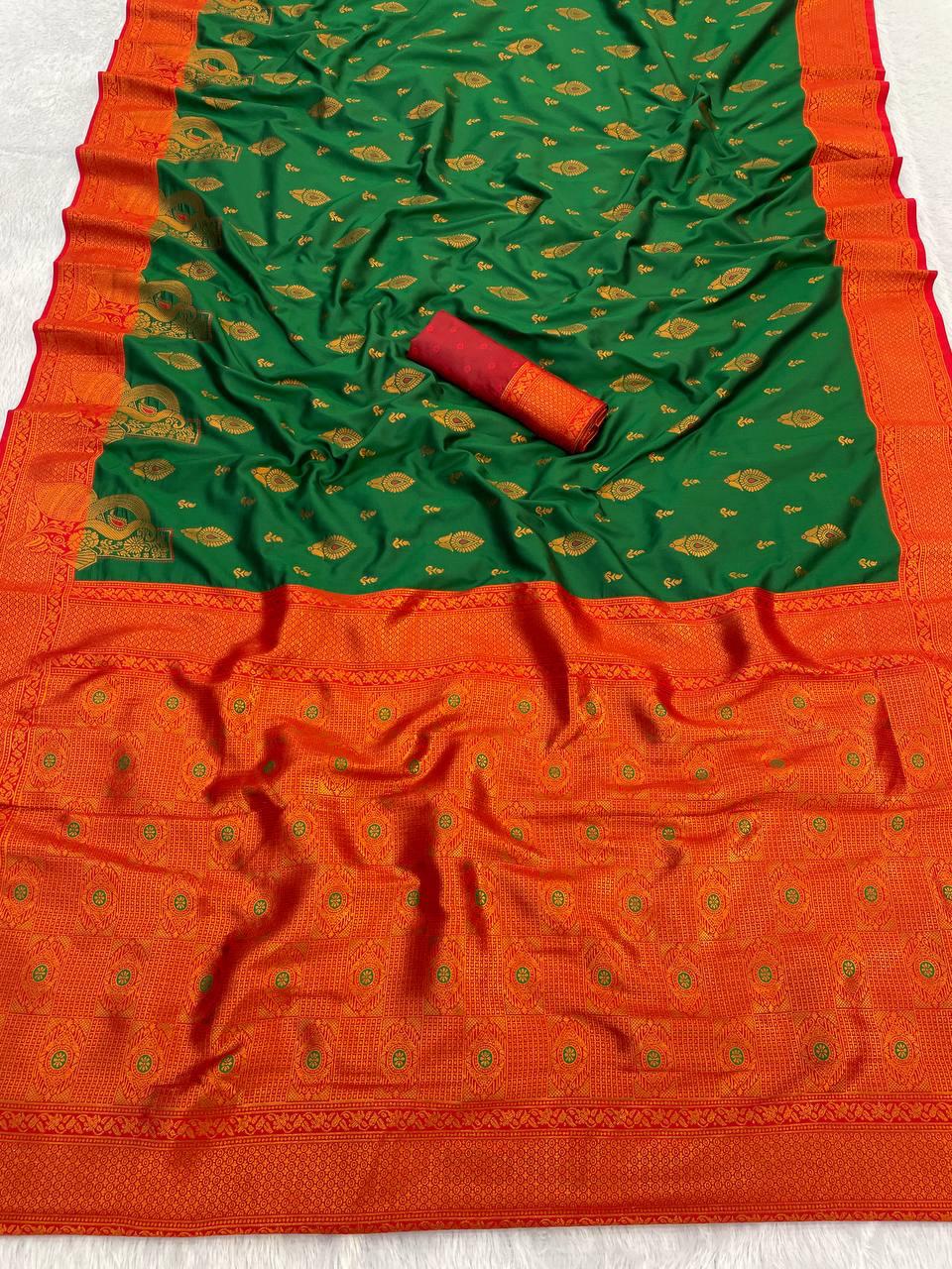 Evanescent Dark Green Soft Banarasi Silk Saree With Lissome Blouse Piece