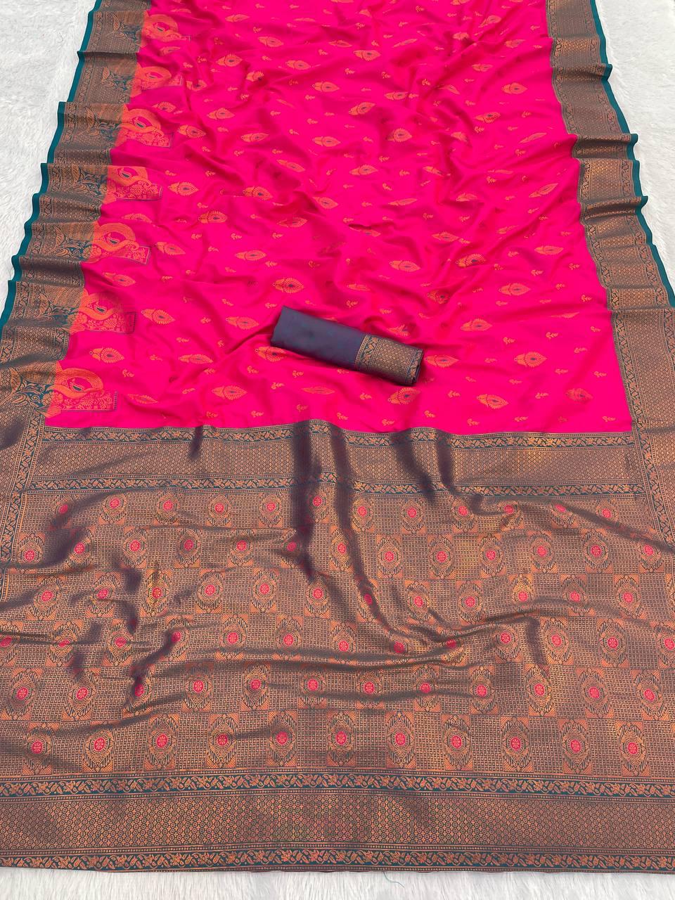 Sempiternal Dark Pink Soft Banarasi Silk Saree With Staggering Blouse Piece