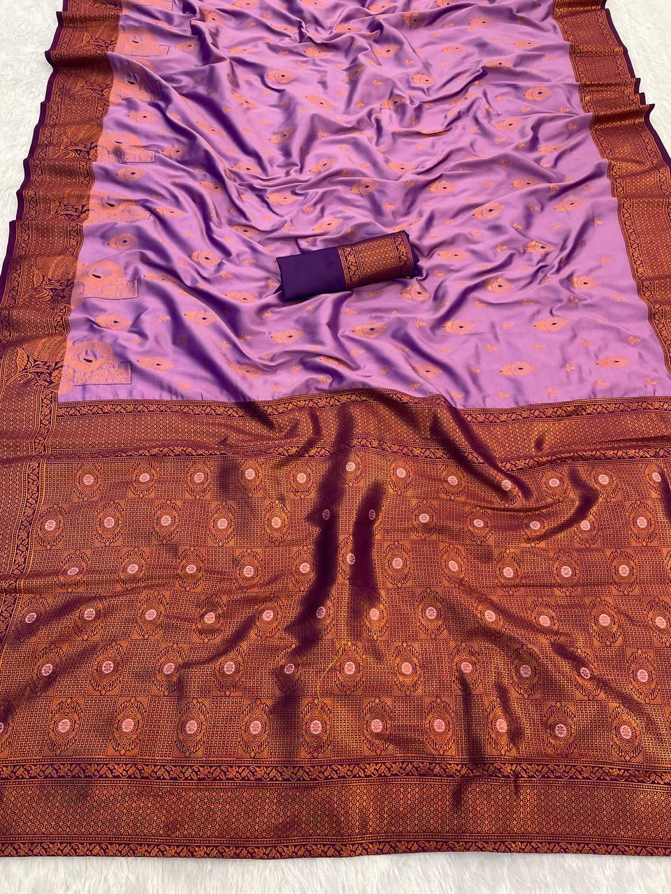 Smashing Lavender Soft Banarasi Silk Saree With Enchanting Blouse Piece