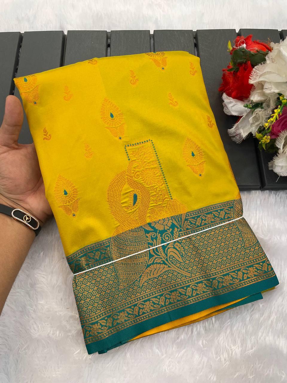 Prodigal Lemon Soft Banarasi Silk Saree With Majestic Blouse Piece