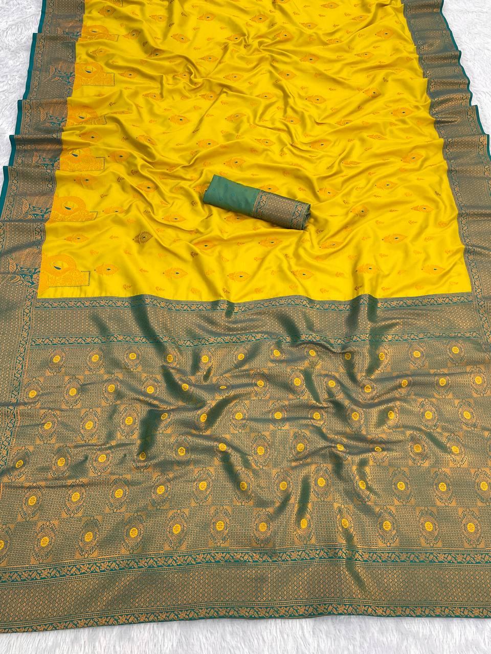 Prodigal Lemon Soft Banarasi Silk Saree With Majestic Blouse Piece