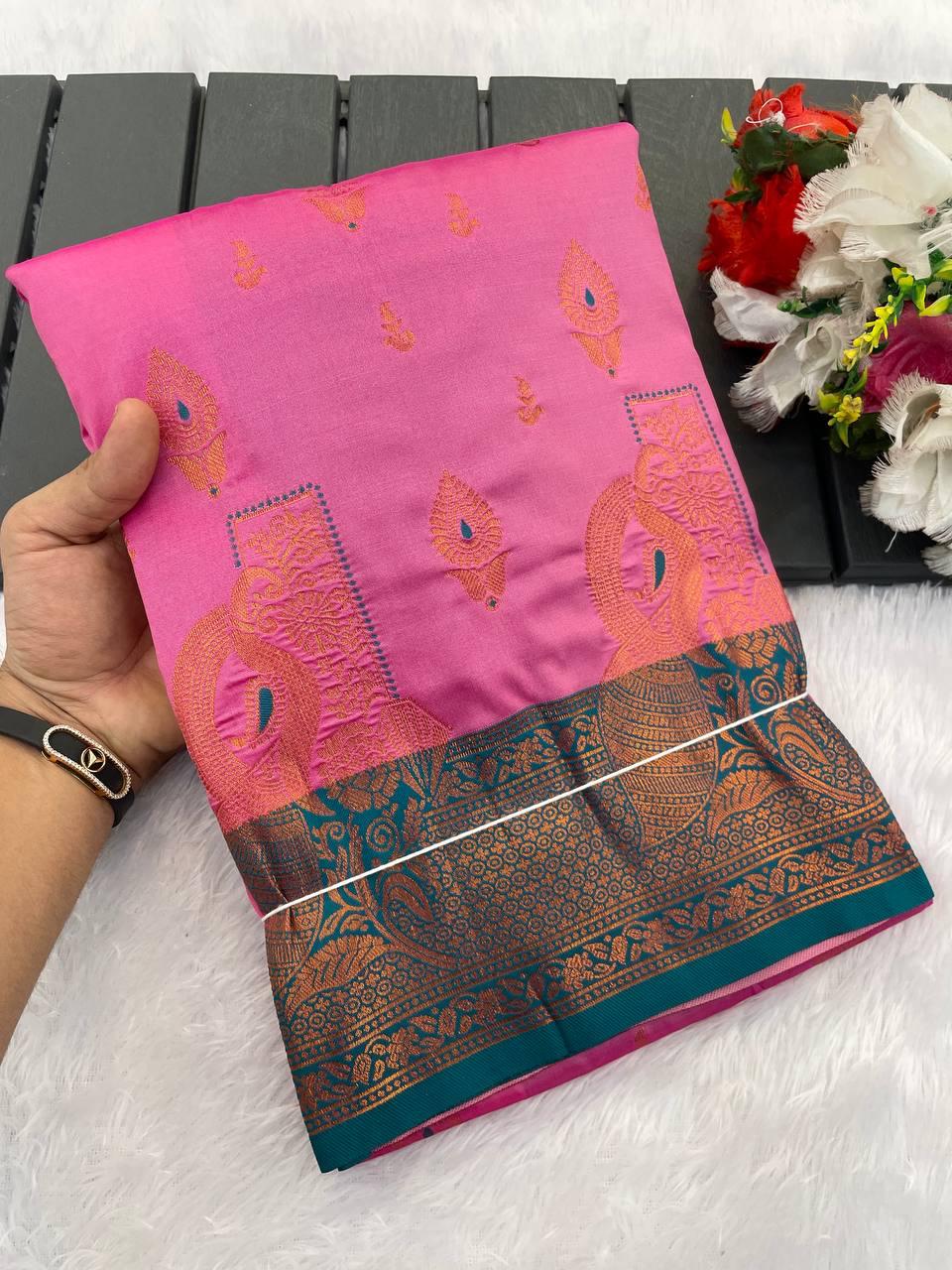 Smart Pink Soft Banarasi Silk Saree With Dazzling Blouse Piece