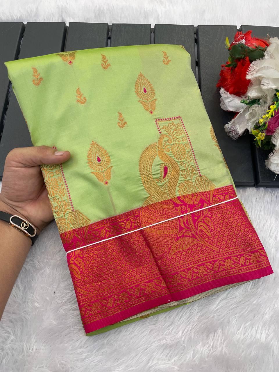 Impressive Pista Soft Banarasi Silk Saree With Blooming Blouse Piece