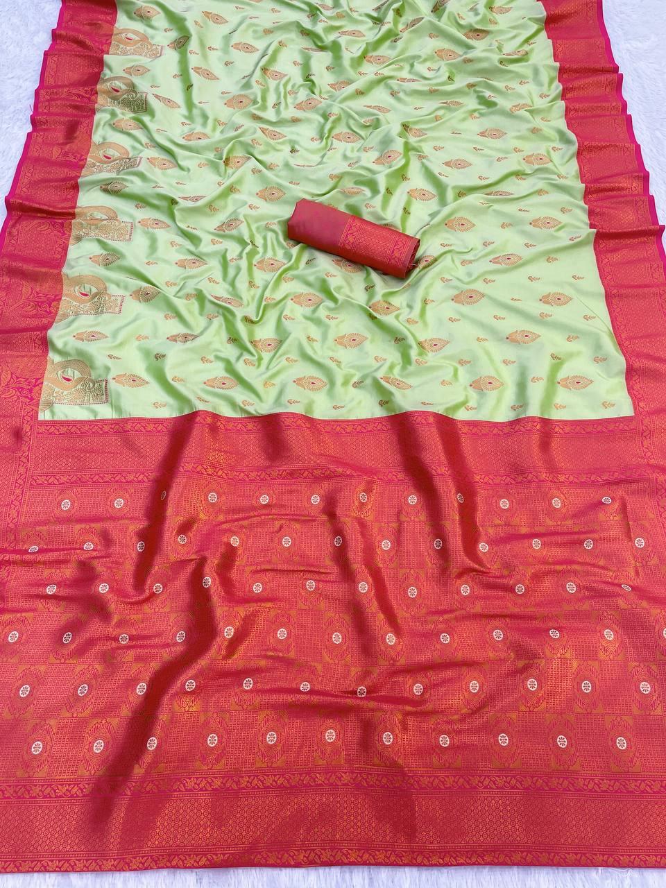 Impressive Pista Soft Banarasi Silk Saree With Blooming Blouse Piece