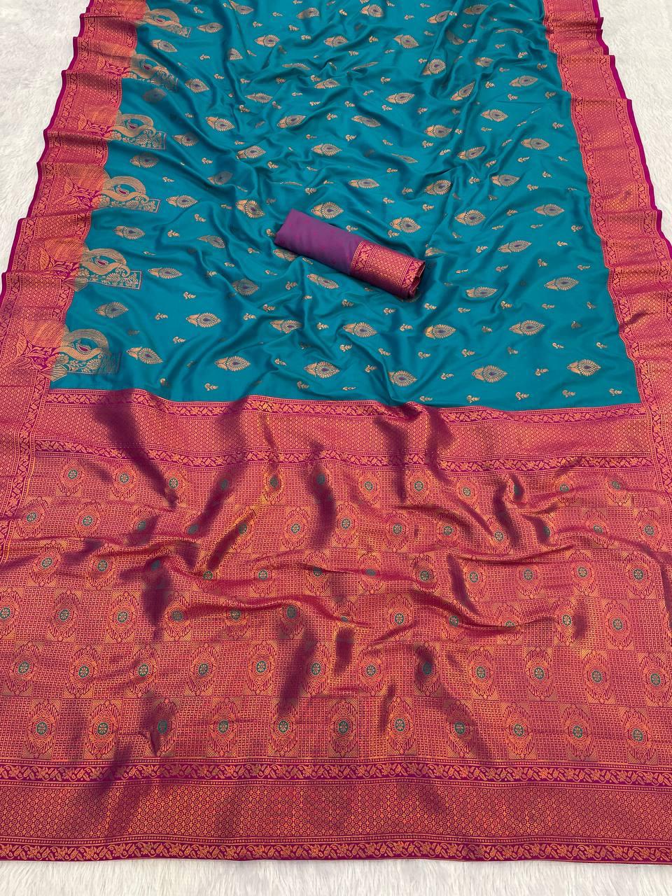 Arresting Rama Soft Banarasi Silk Saree With Groovy Blouse Piece