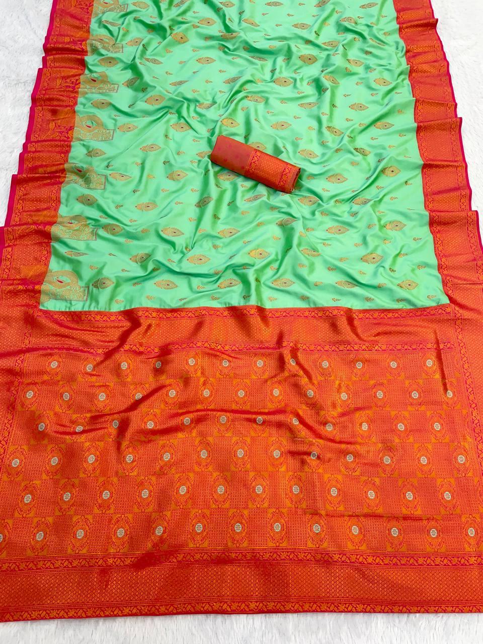 Preferable Sea Green Soft Banarasi Silk Saree With Twirling Blouse Piece