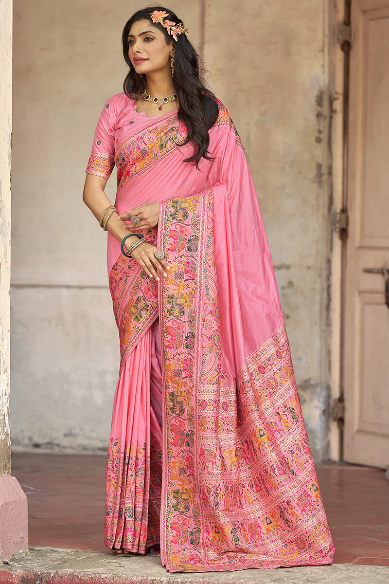 Arresting Baby Pink Pashmina Saree With Scintillating Blouse Piece