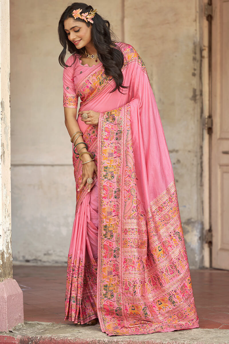 Arresting Baby Pink Pashmina Saree With Scintillating Blouse Piece