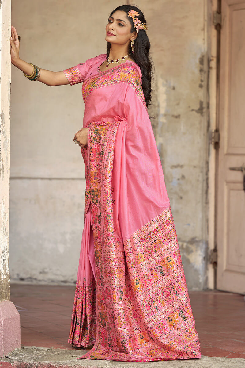 Arresting Baby Pink Pashmina Saree With Scintillating Blouse Piece