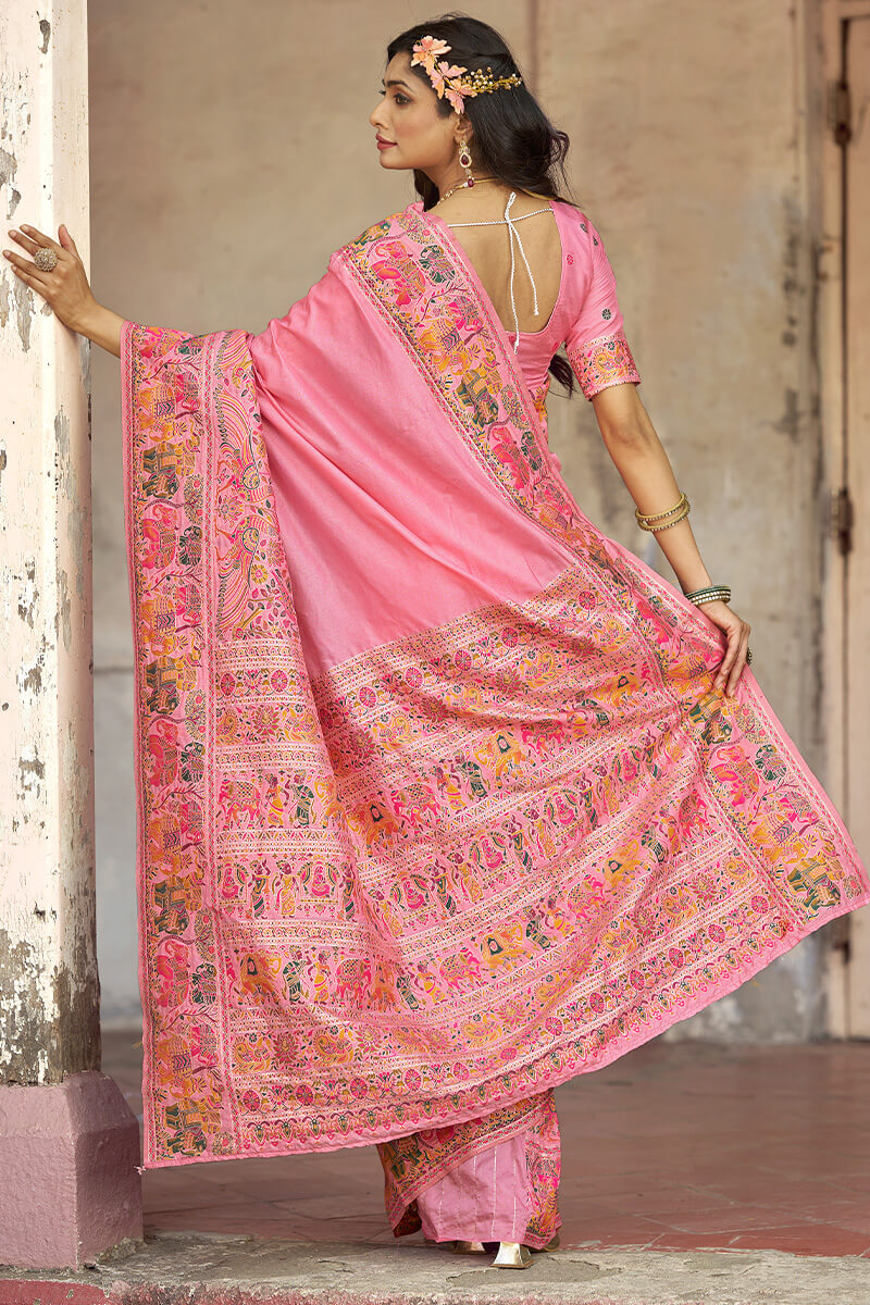 Arresting Baby Pink Pashmina Saree With Scintillating Blouse Piece