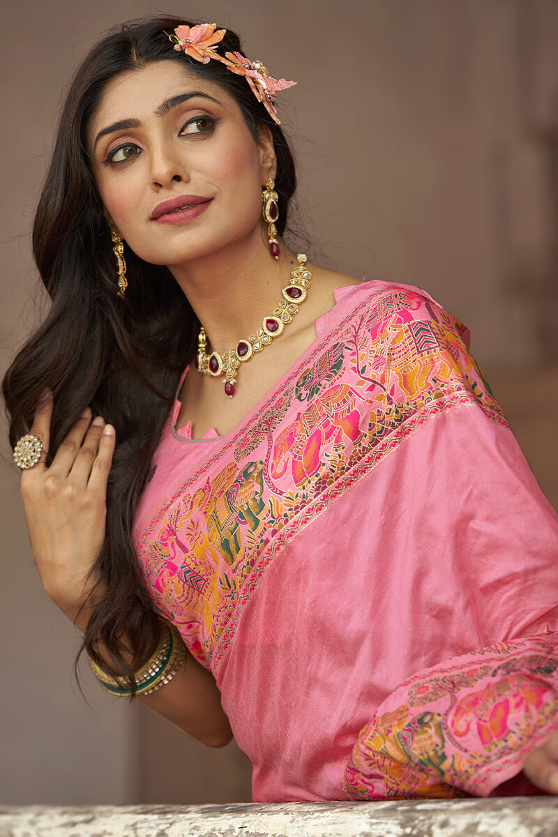 Arresting Baby Pink Pashmina Saree With Scintillating Blouse Piece