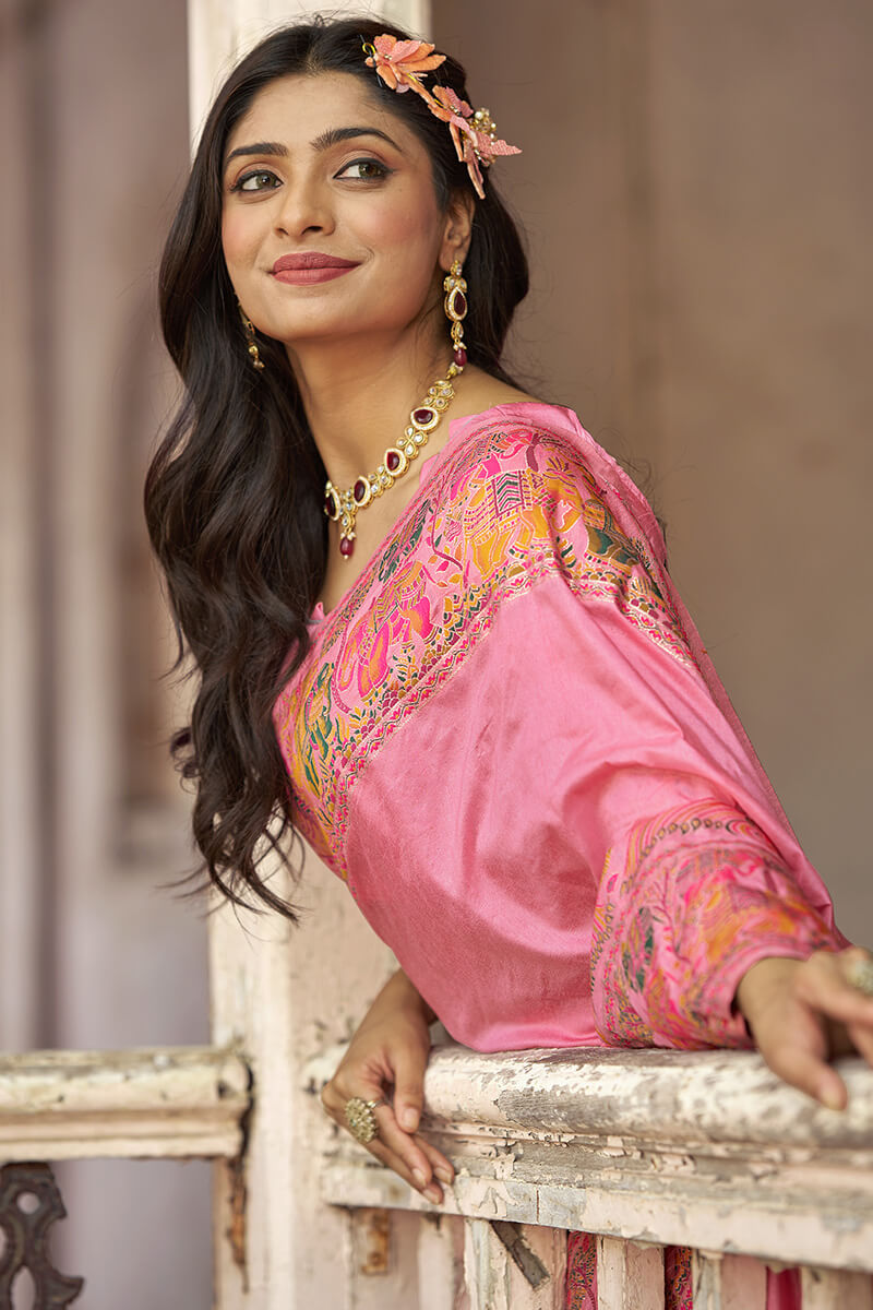 Arresting Baby Pink Pashmina Saree With Scintillating Blouse Piece