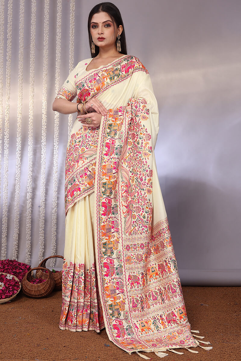Marvellous Beige Pashmina Saree With Palimpsest Blouse Piece