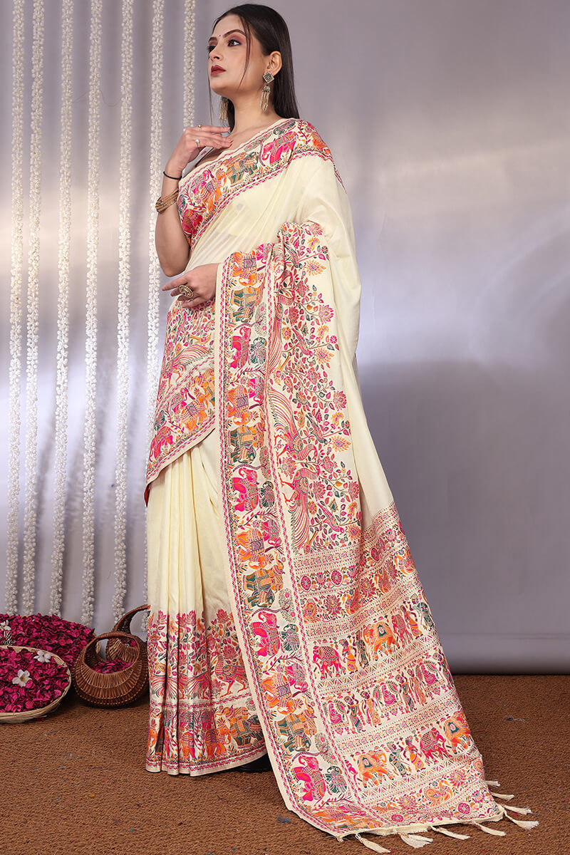 Marvellous Beige Pashmina Saree With Palimpsest Blouse Piece