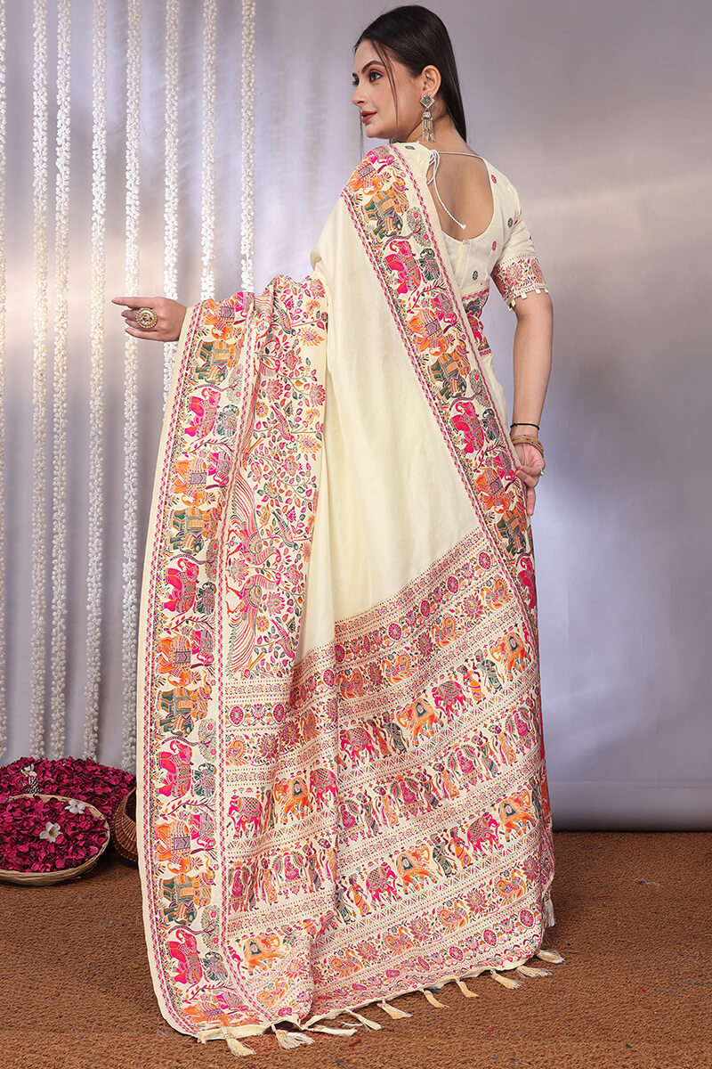 Marvellous Beige Pashmina Saree With Palimpsest Blouse Piece