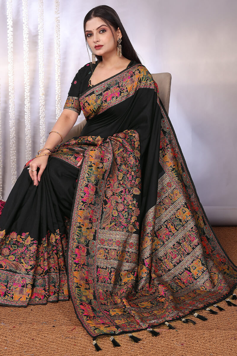 Felicitous Black Pashmina Saree With Denouement Blouse Piece