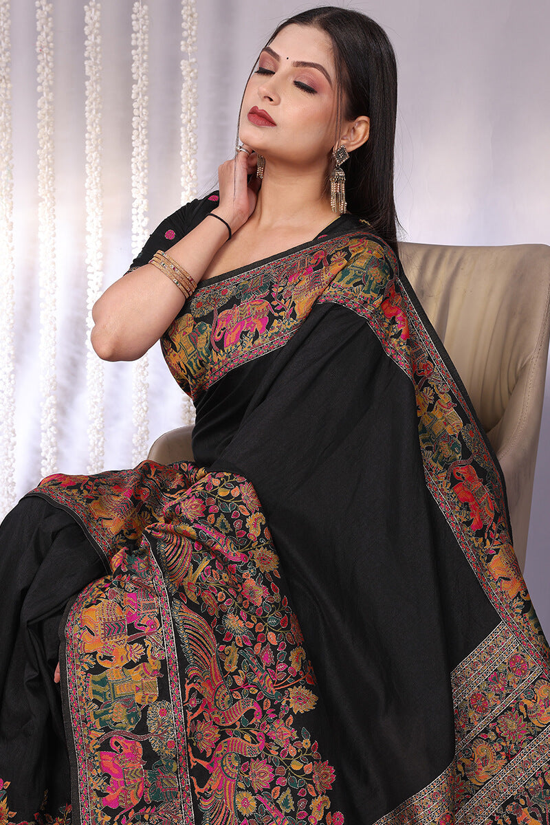 Felicitous Black Pashmina Saree With Denouement Blouse Piece