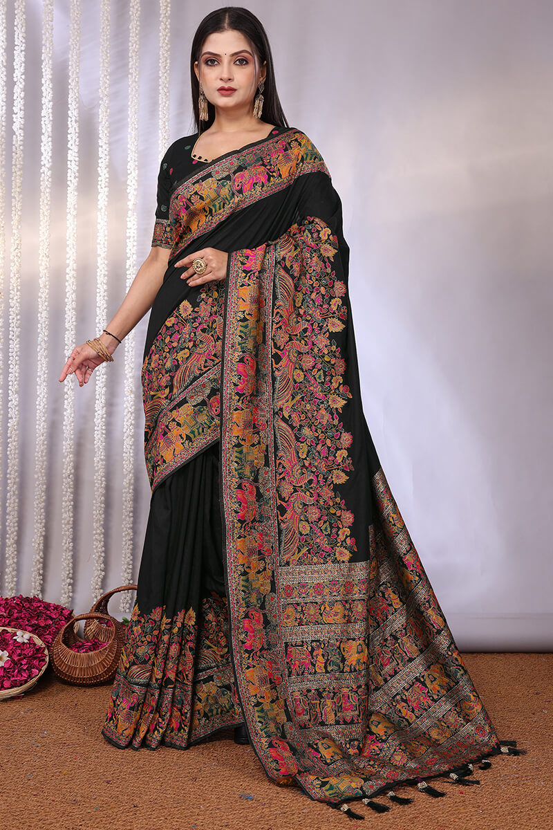 Felicitous Black Pashmina Saree With Denouement Blouse Piece