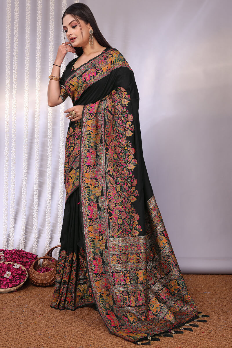 Felicitous Black Pashmina Saree With Denouement Blouse Piece