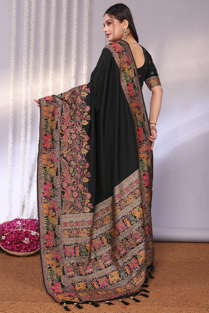 Felicitous Black Pashmina Saree With Denouement Blouse Piece